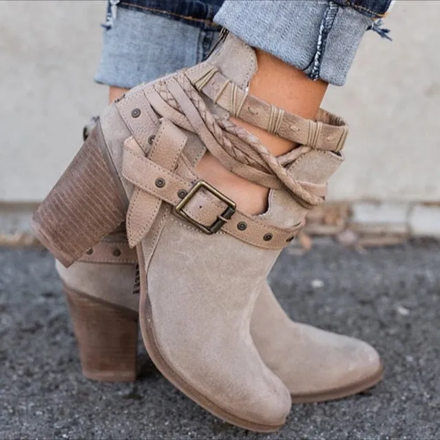 HEE GRAND Buckle Strap Women Ankle Boots Casual Platform Shoes Woman High Heels Western Boots Slip On Winter Women Shoes XWX6884
